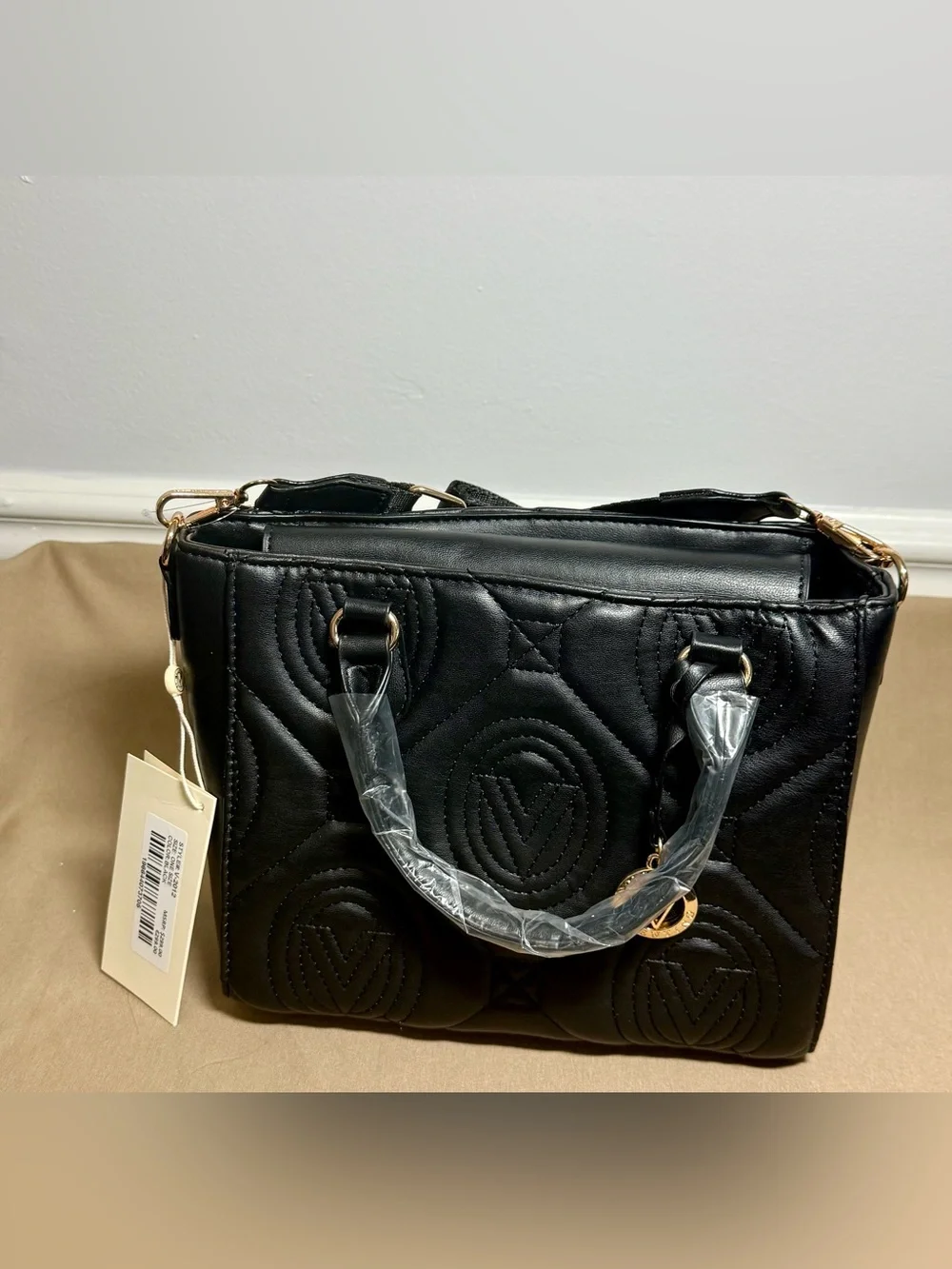 Valentino Orlandi Black Quilted Satchel with Gold Accent Charm